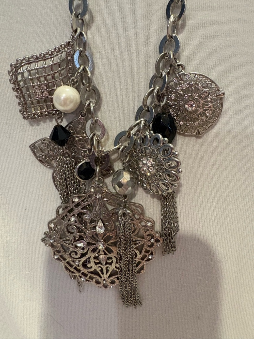 Statement Silver-Tone Filigree Charm Necklace - Women's Jewelry